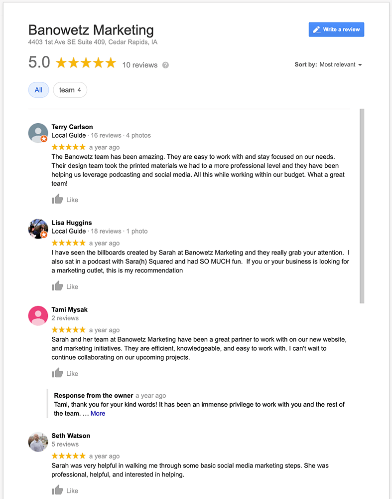 Screenshot of Banowetz Marketing Google Reviews
